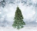 Realistic artificial Christmas tree in a snowy landscape with snow-covered branches in the background.