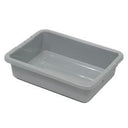 A gray plastic bus tray used in food service for transporting dishes and flatware.