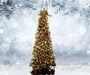 Decorated Christmas tree in a snowy landscape with blurred snowflakes