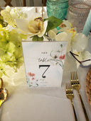 Floral table number card on a decorated table with flowers and cutlery.
