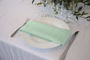 A mint green polyester napkin is placed on a white plate on a table with a white tablecloth, with a fork on the left side and a knife on the right side of the plate.