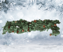 Decorative green garland with pinecones on a snowy background