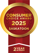 Consumer Choice Award 2025 badge for Saskatoon with gold text on a red background