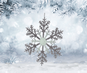 Decorative snowflake against a snowy background with pine branches.