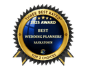 Award badge for 'Three Best Rated 2025 Award: Best Wedding Planners Saskatoon' with gold and blue design.