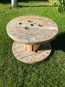 Wooden spool on a grassy surface